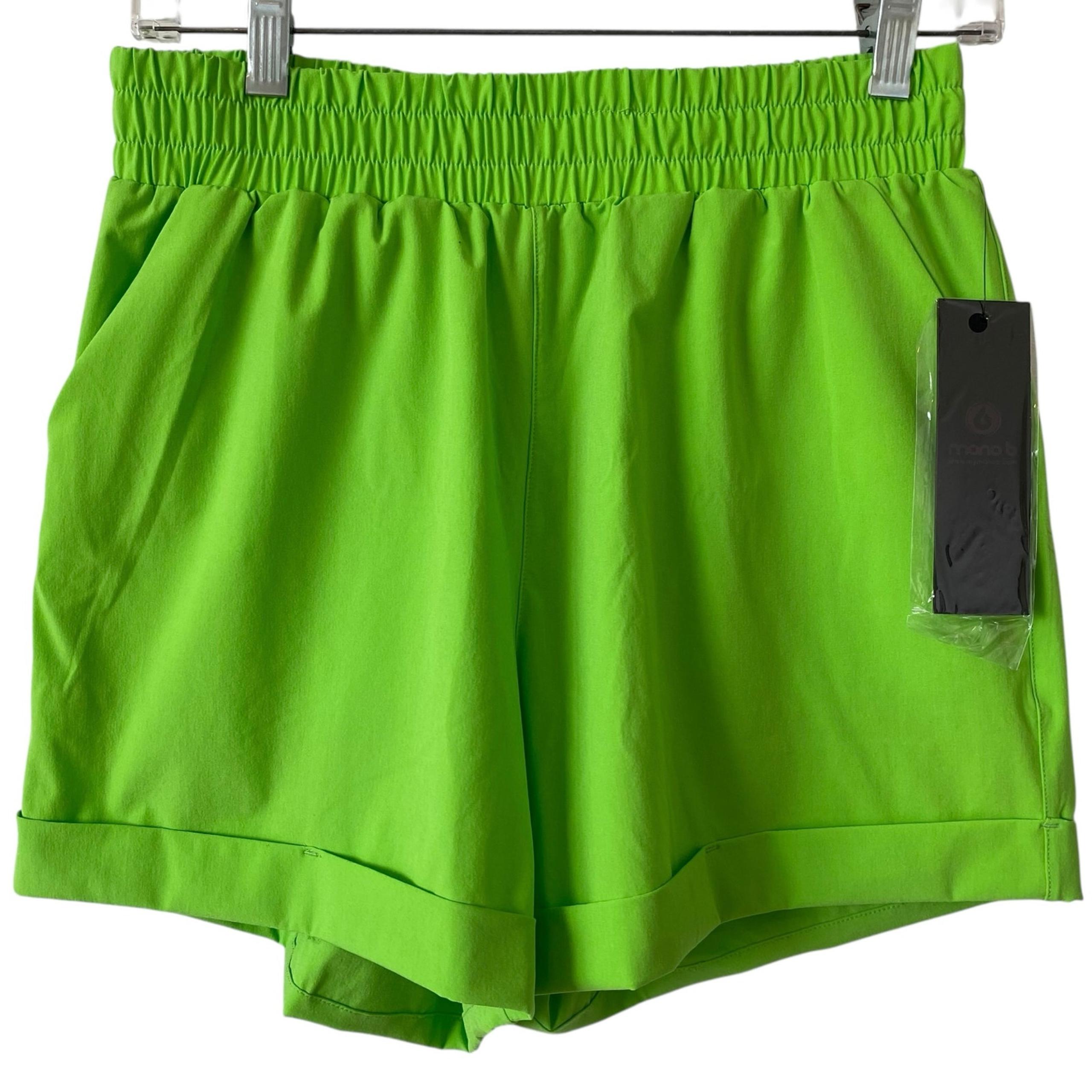 NEW MONO B Elastic Waist Pull On Shorts Small Lime Green Cuffed Neon Pockets