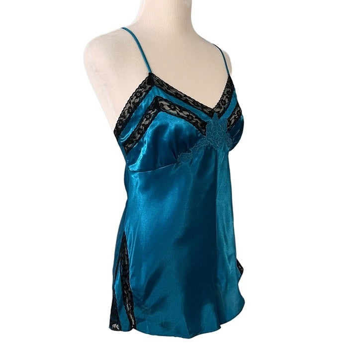 Victorias Secret Teddy Medium Gold Label Peacock Blue Black Lace Vintage 1980s