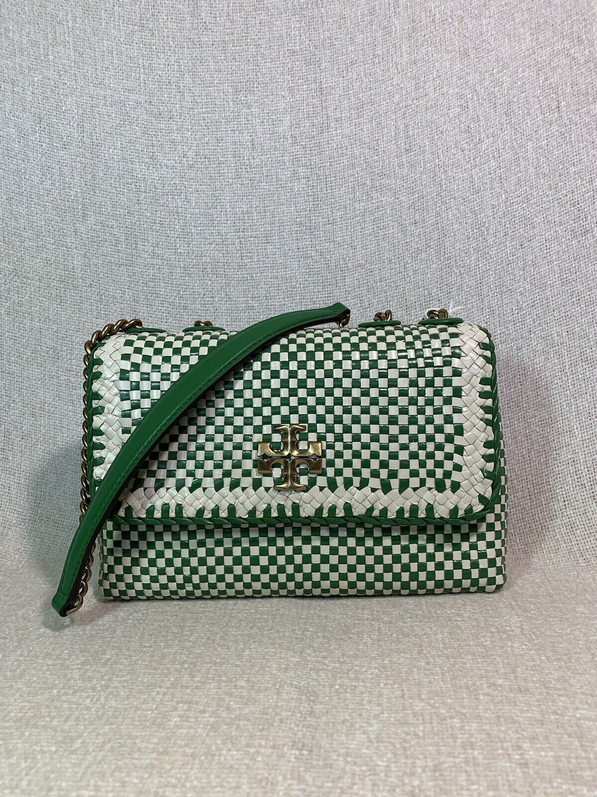 Tory Burch Basil Green SMALL Kira Woven Leather Convertible Shoulder Bag 698
