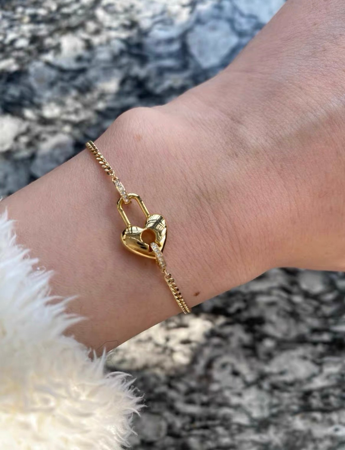 18k solid gold chain women bracket diamond lock heart