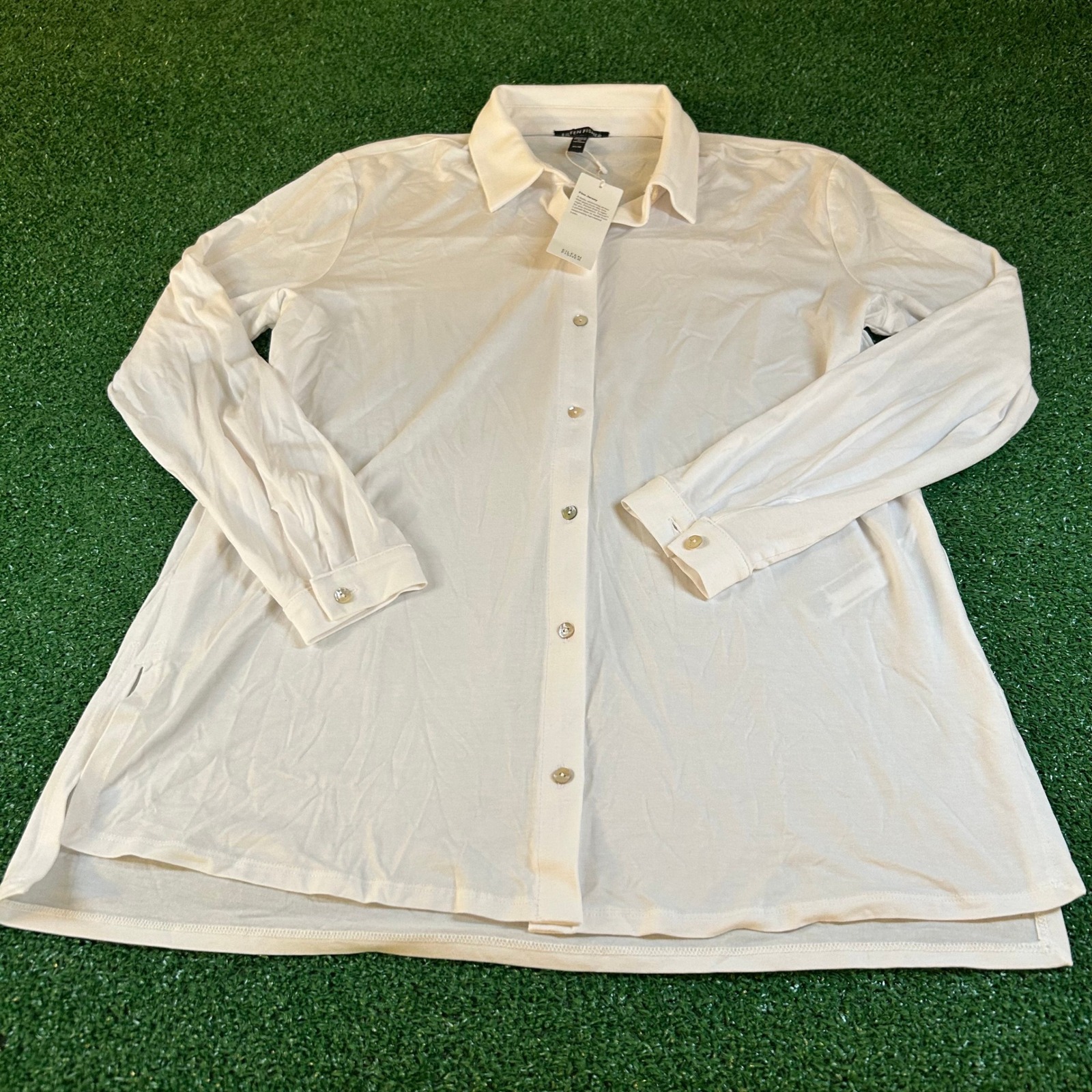 Eileen Fisher Organic Cotton Ripple Classic Collar Shirt Button Up Womens XS NWT