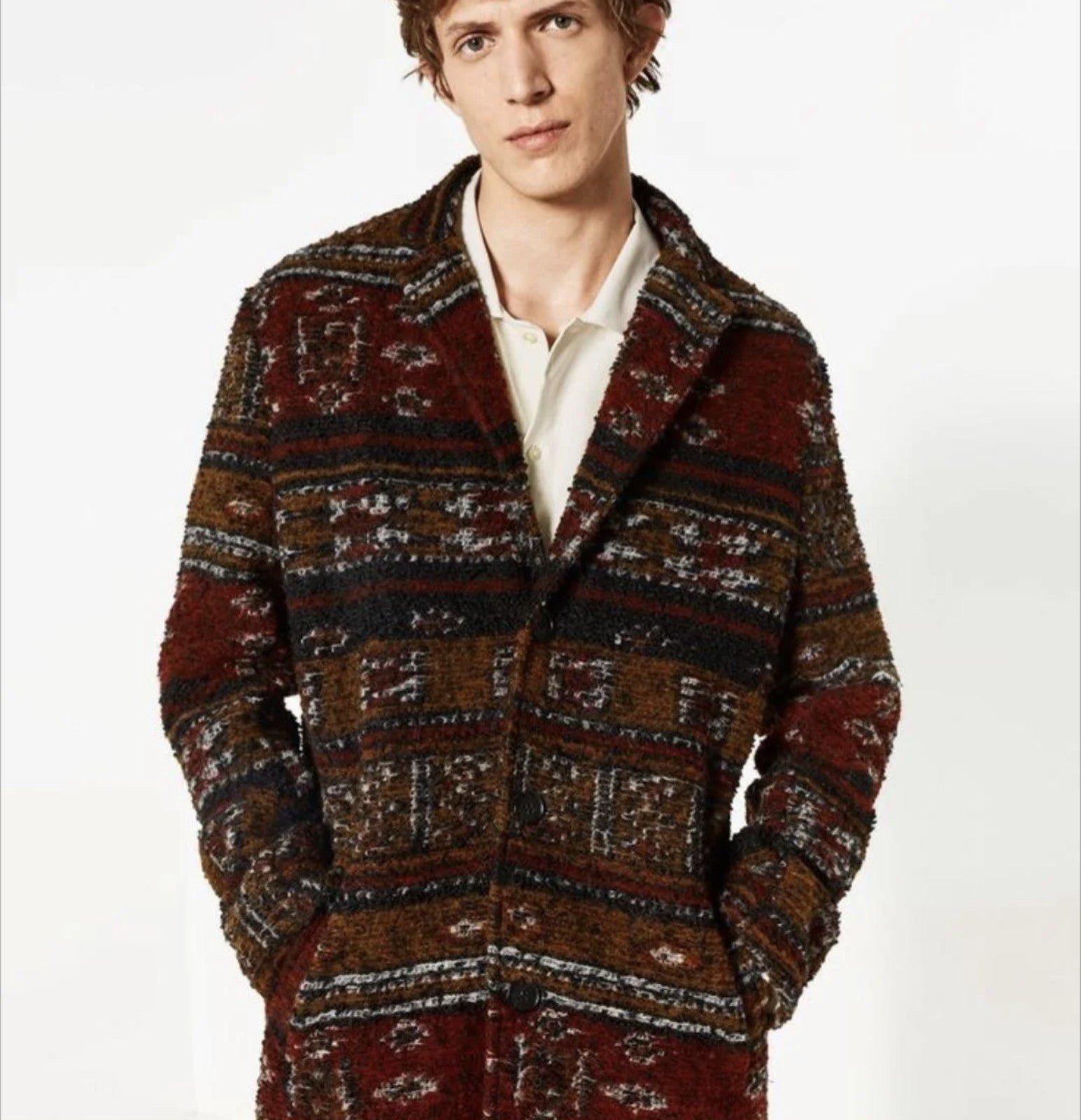Zara Man Aztec Stripe Long Italian Wool Trench Coat