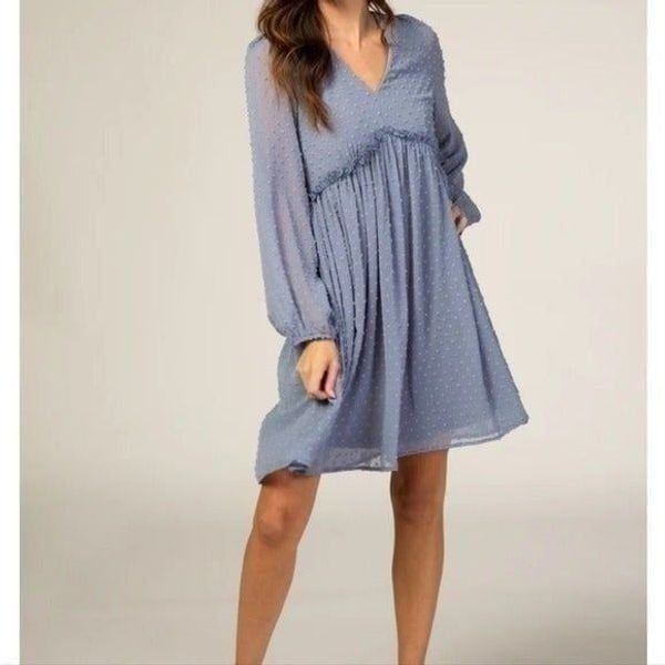 Pinkblush Listicle Slate Blue Swiss Dot Textured Babydoll Mini Dress Small