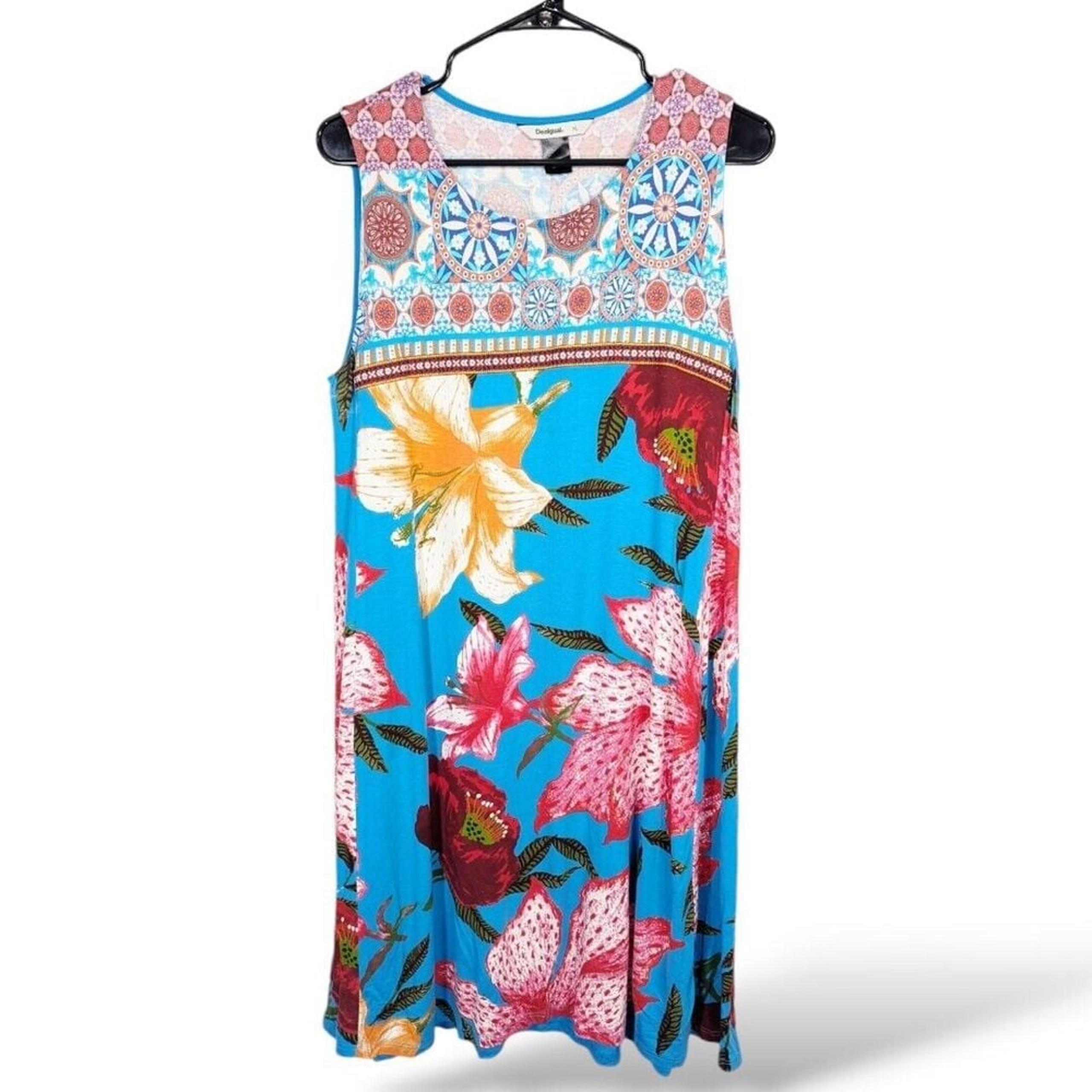 Desigual Dario Dress XL Blue Floral Sleeveless Boho Artsy Hawaiian Beach Floral