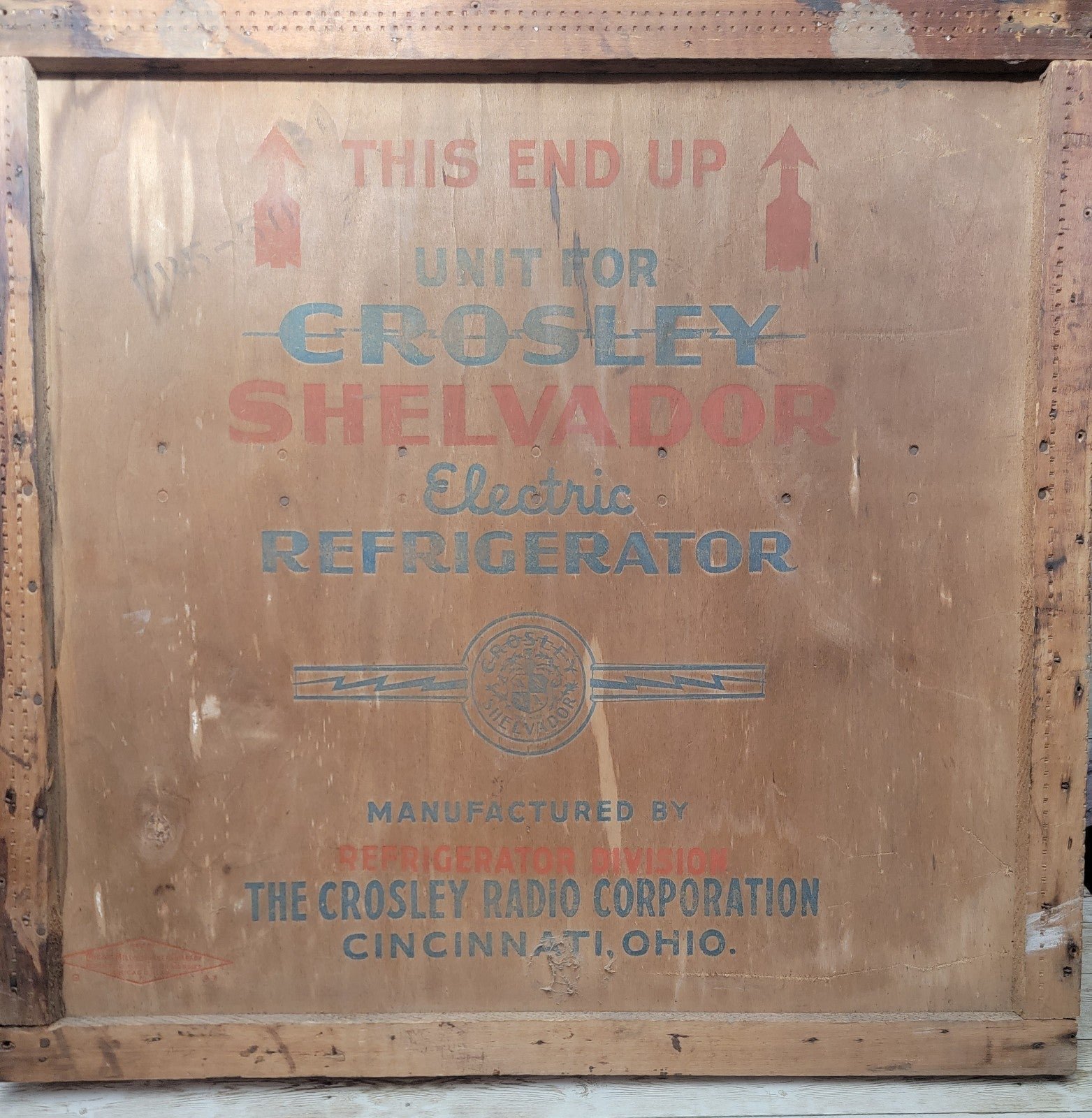 1930s RARE Wood Packing Panel Sign from Crosley Shelvador Refrigerator Crate