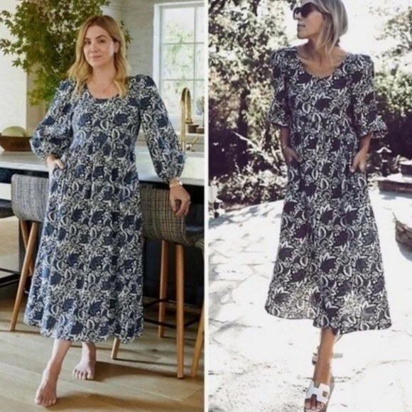 The Great. The Ravine Autumn Leaves Puff Sleeve Midi Dress Size 3/Large