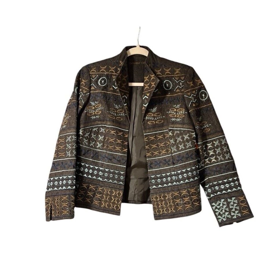 Coldwater Creek Jacket Blazer Petite 6 Brown Blue Embroidered Beaded Aztec Art