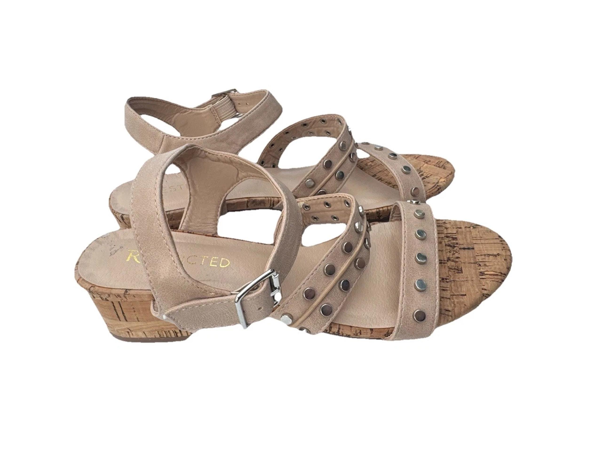 Restricted Womenss Sz 7 Nude Studded Strappy Wedge Sandals