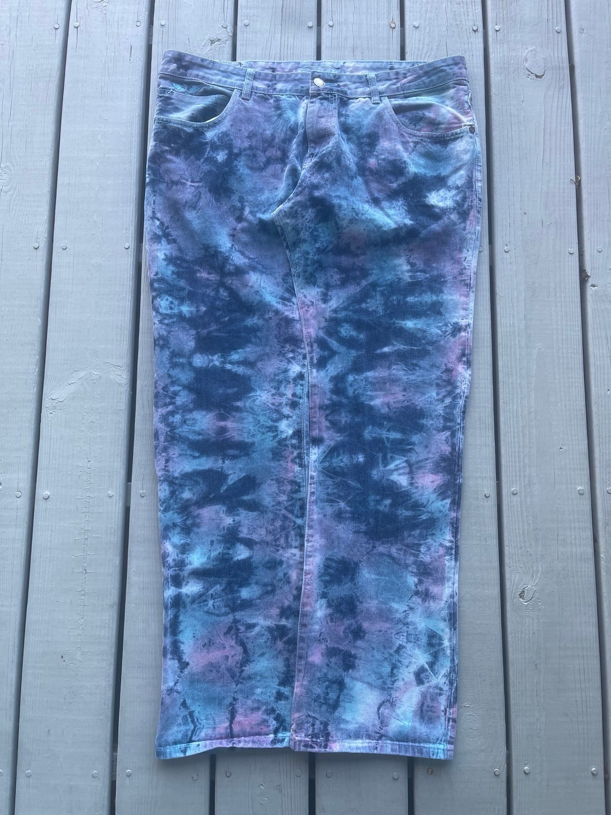 Robin’s Jeans Motard Blue Pink Tie Dye Big Flap Embellishment Multicolor Size 40