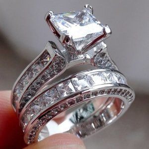 NEW 2PC/SET 2CT Princess Cut Solitaire Diamond Silver Engagement Ring
