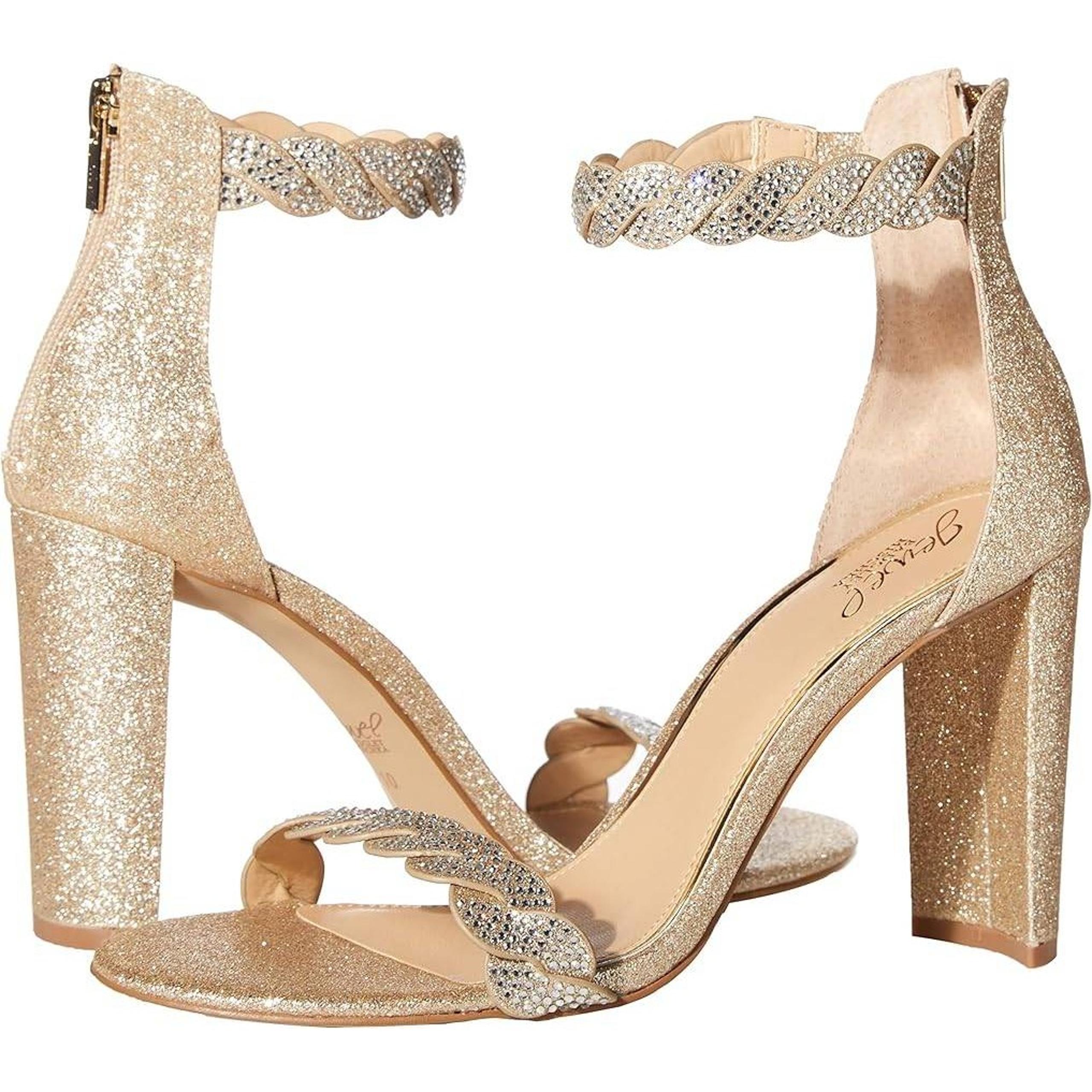 Jewel Badgley Mischka Gold Glitter Rhinestone Heels Ankle Strap Size 9 NEW