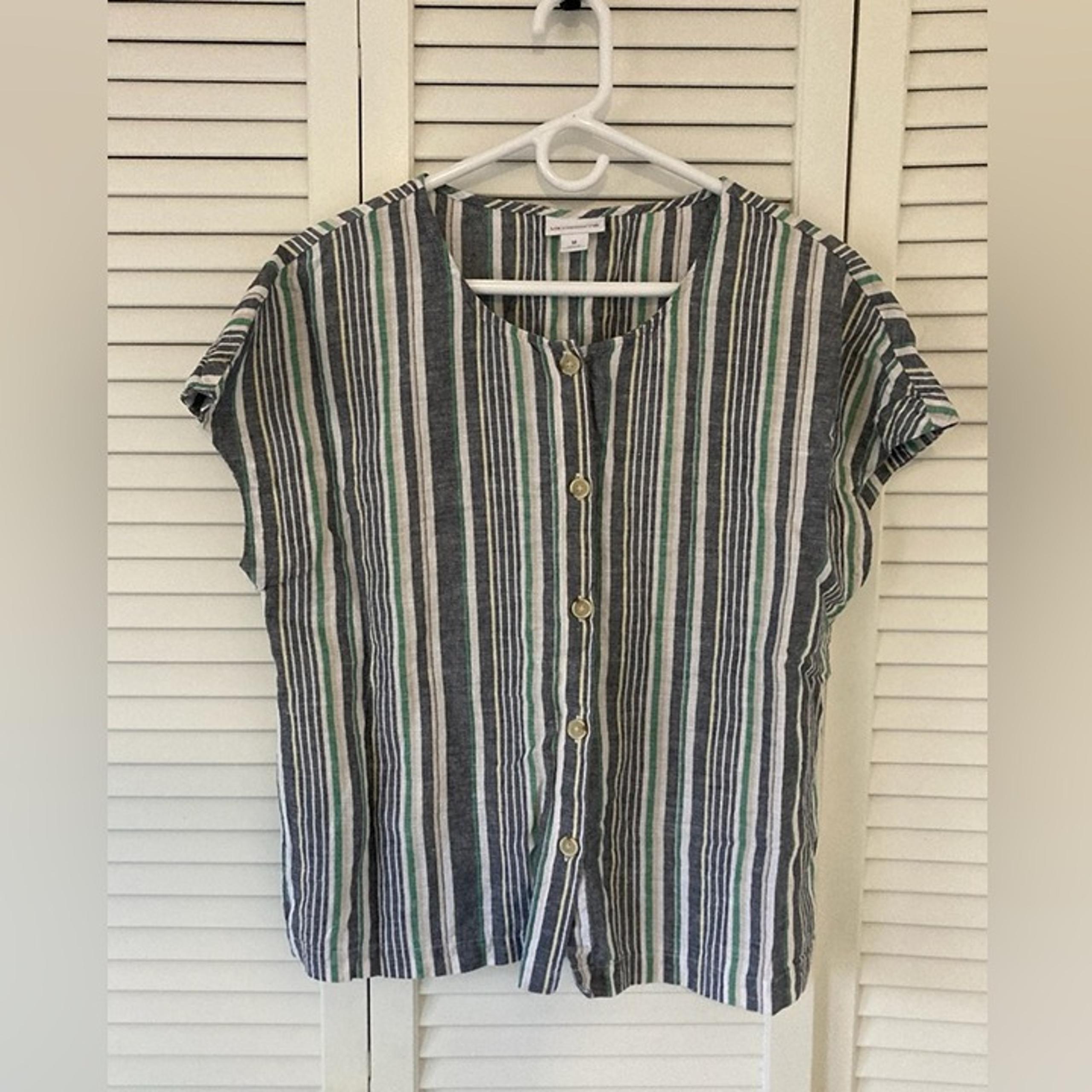 Women's Liz Claiborne Striped Button Down Cap Sleeve Linen Cotton Top Size Med