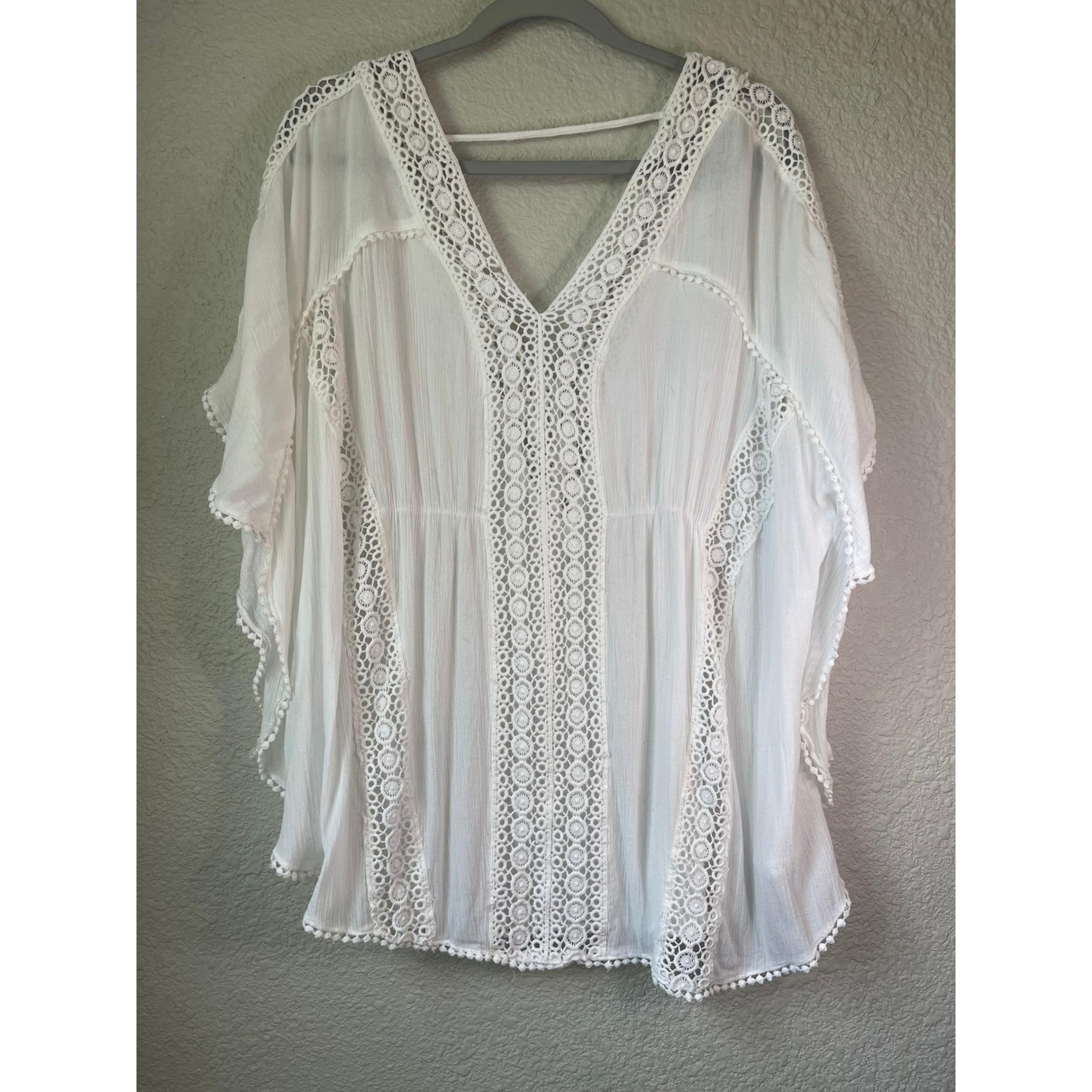 Blue Island Crochet Trim Cover Up Beach Resort Wear White Medium
