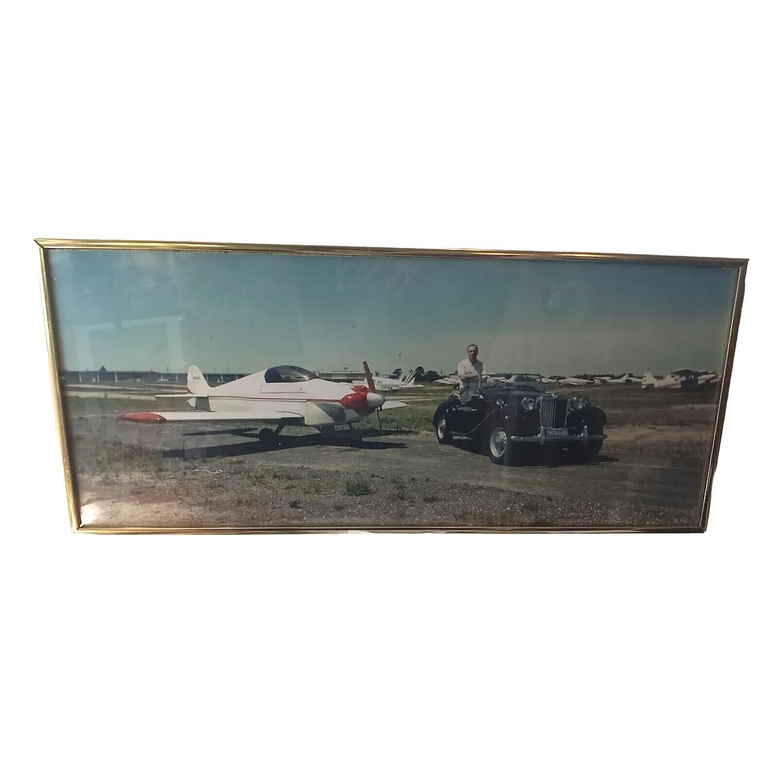 Vintage Aviation Car Photograph Airplane Gold Tone Framed 70s Retro Mancave