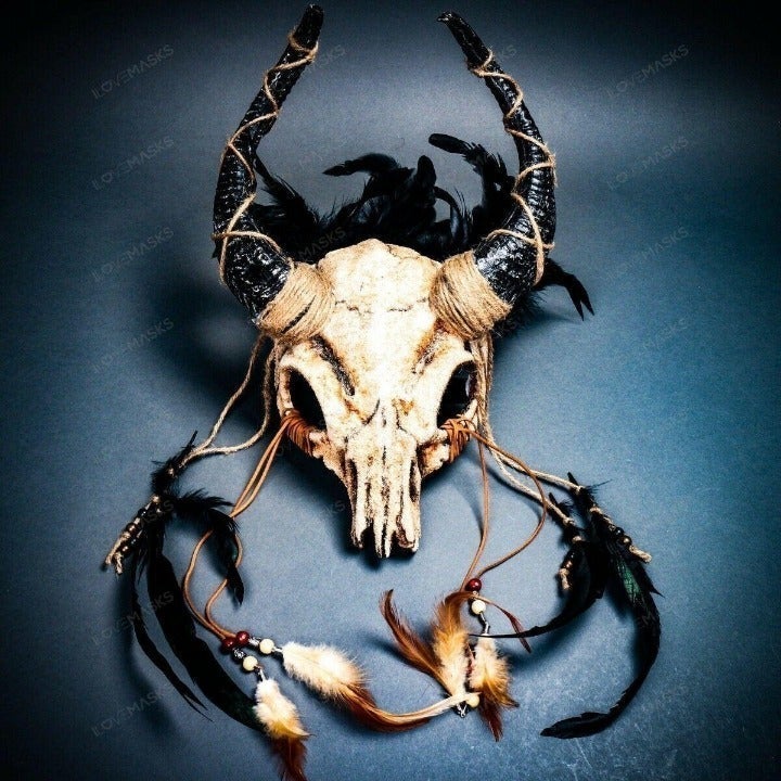 Antelope Realistic Skull Horn Mask w/ Feather Halloween Costume Party #1716