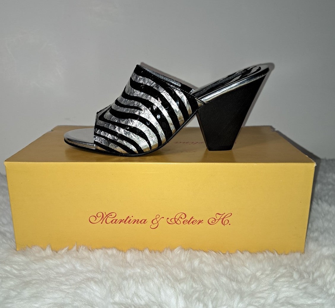 Martina and Peter H Wama Silver Tiger Sandal Black Leather Metallic Zebra Spain