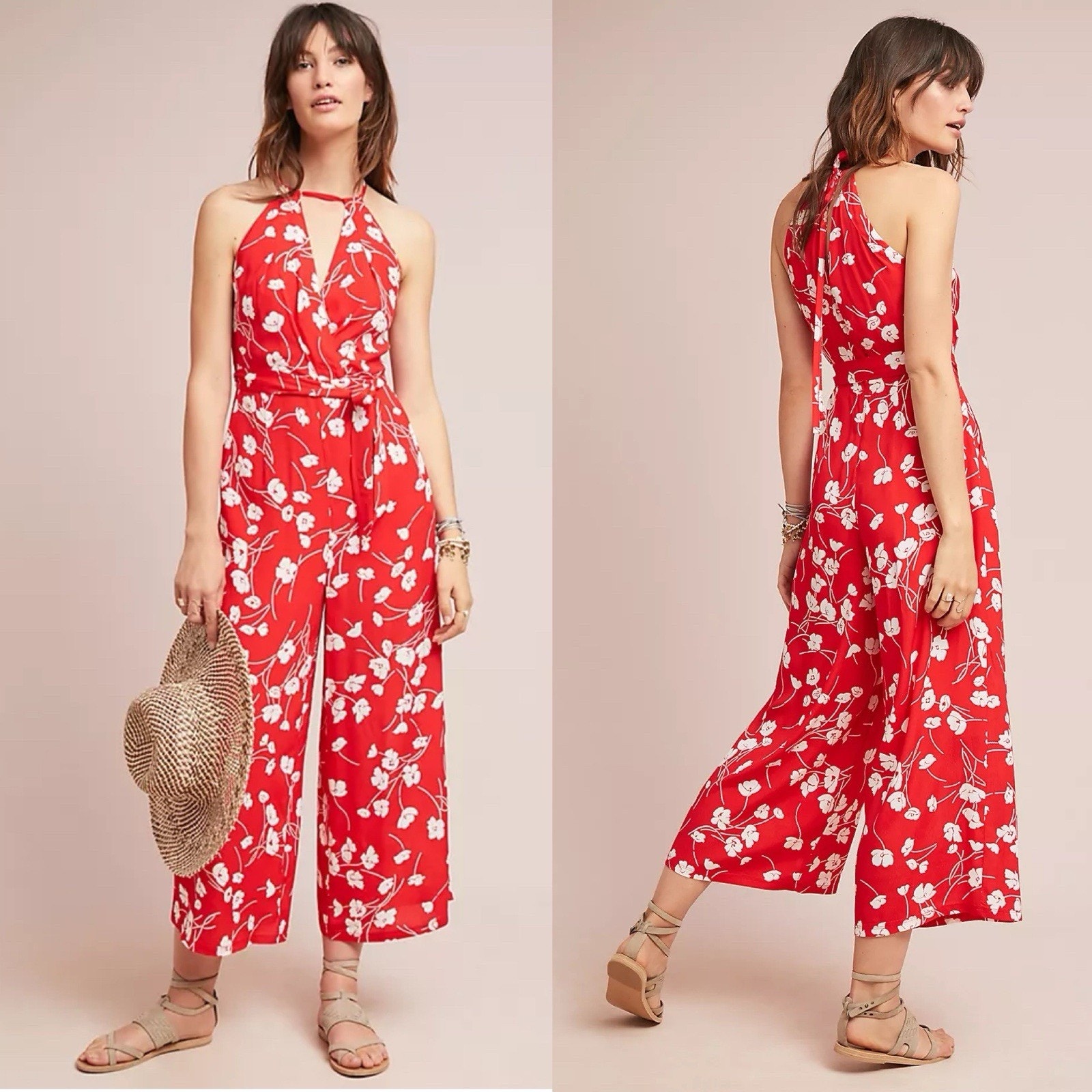 Anthropologie Maeve Andros Red Poppy Printed Jumpsuit Sz 6 summer festival