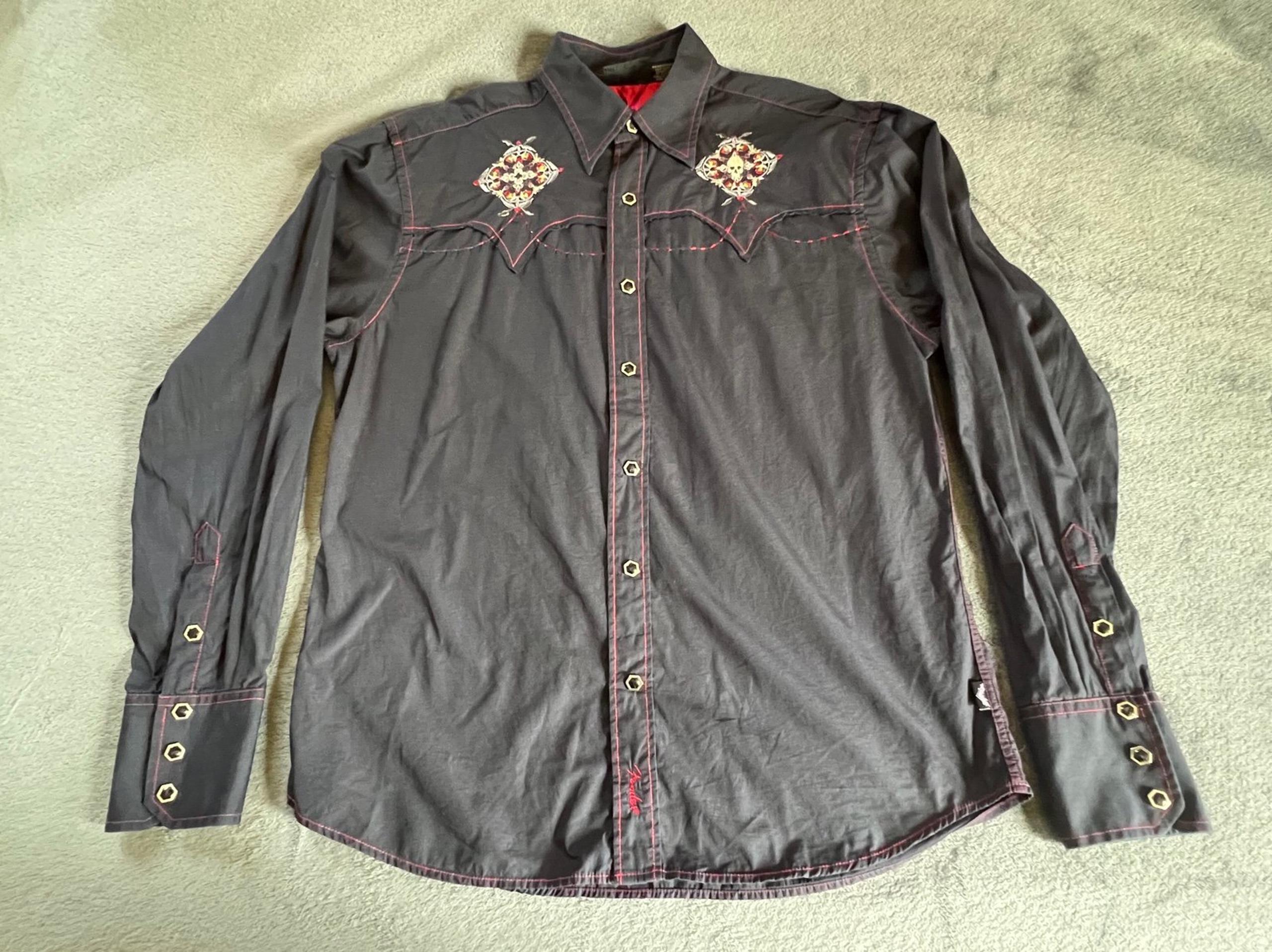 Fender Custom Shop By Da Vinci Black Button Down Embroitered Shirt, Size Large