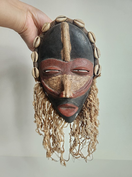 African Dan Mask with Cowries, Rope Beard Masks 8 Tall
