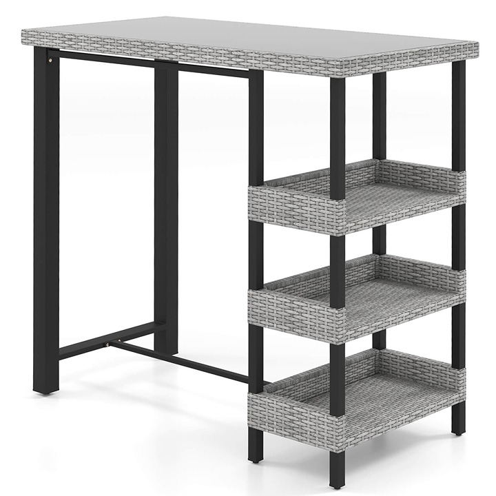 43.5 Outdoor Bar Table w/ Tempered Glass Top & 3 Rattan Shelves Storage