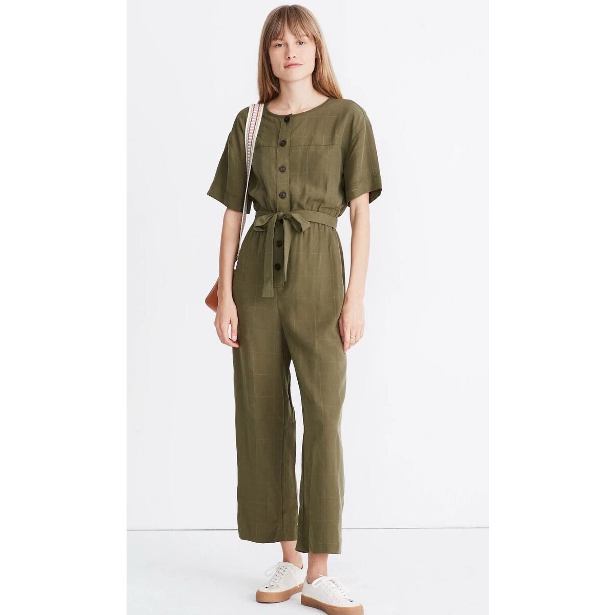 Madewell Kale Green Plaid Short Sleeve Belted Cropped Ankle Jumpsuit Small