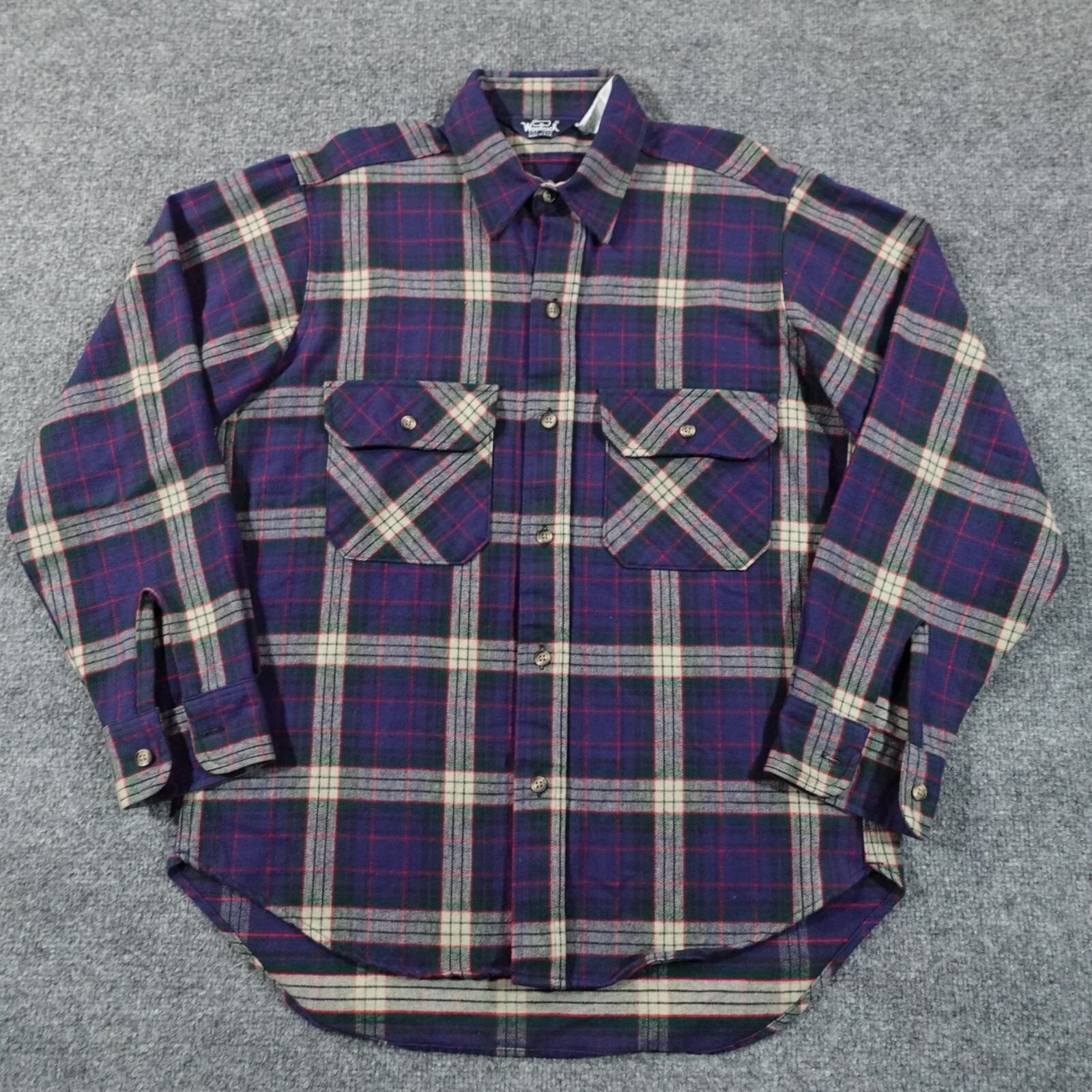 Vintage Woolrich Shirt Mens M Blue Plaid Button Up Flannel 80s USA Cotton 13429