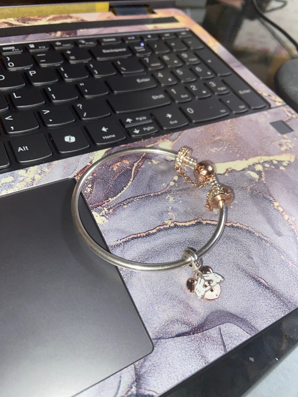 Pandora Two Tone Bangle Bracelet w Rose Gold Mickey Charm S925