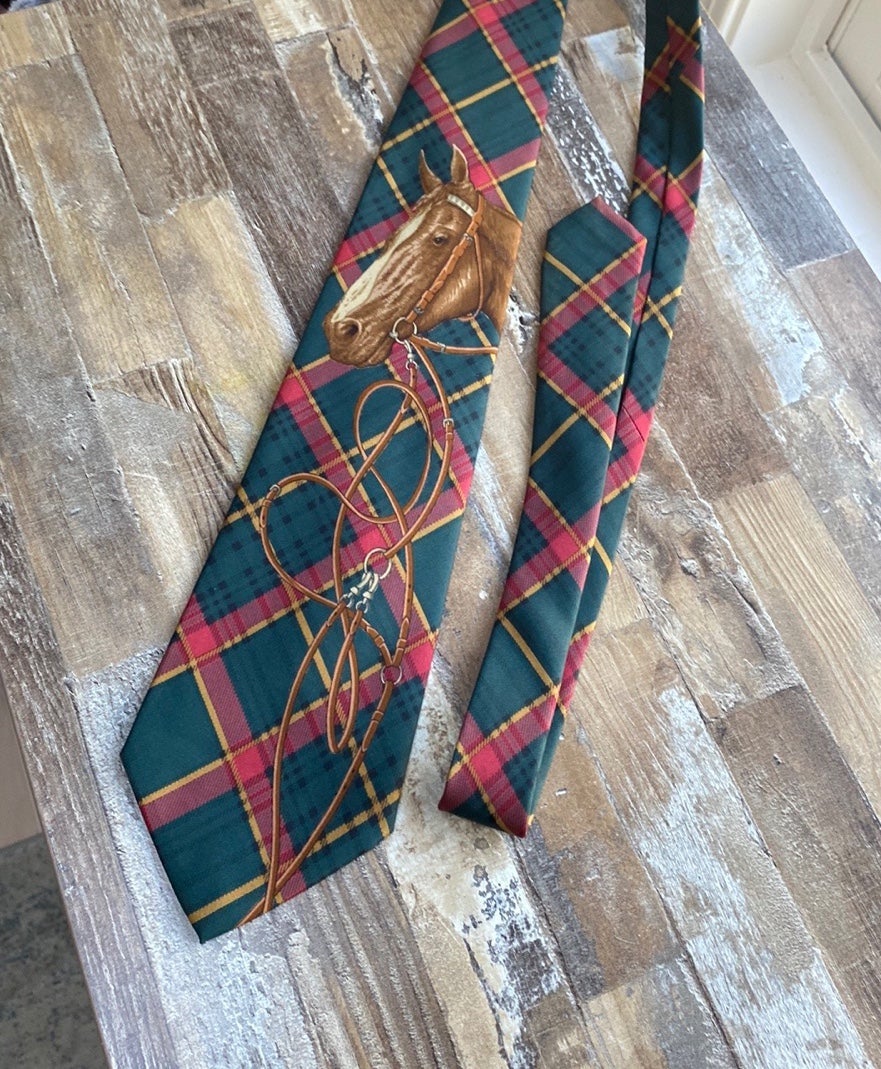 Polo Ralph Lauren hand made silk plaid horse tie