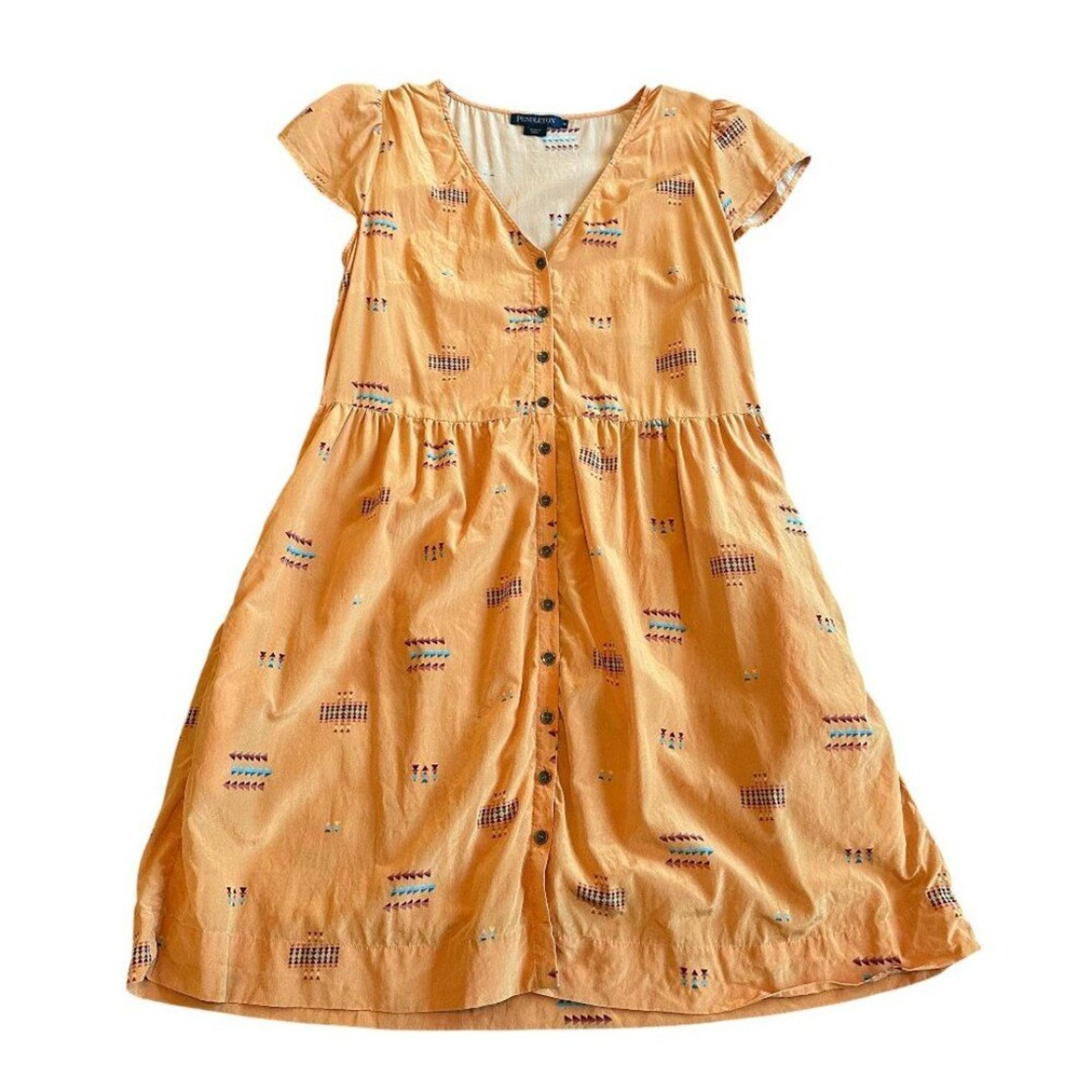 Pendleton Silk Native American Print Dress Tribal Button-Down Short Sleeve Med