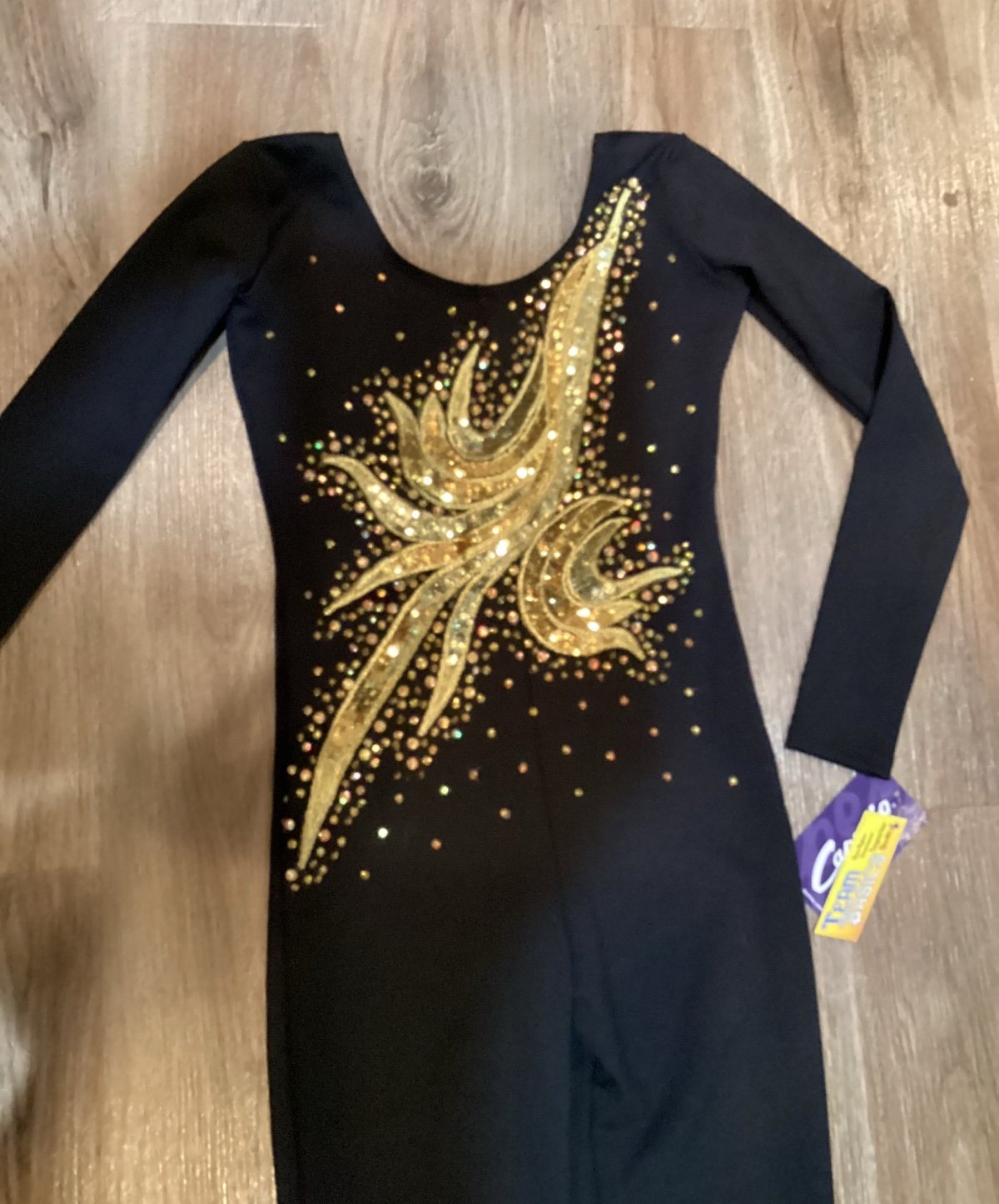 Ice skating or dance bodysuit girls L black with golden flame pattern