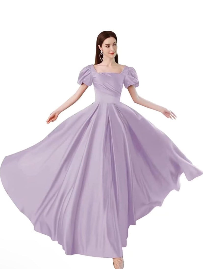 Evening Gown Long Satin A Line Puffed sleeve