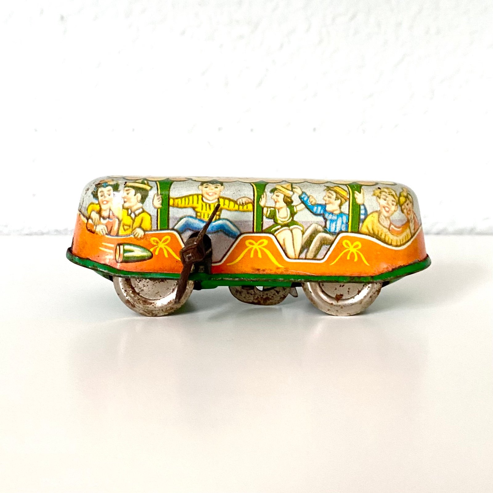 1950's Western Germany Wind-Up Tin Litho Trolley Party Bus Streetcar Tram RED