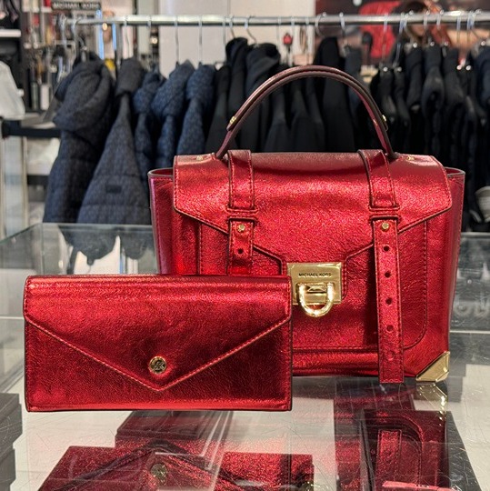 Michael Kors Manhattan MD Satchel Shoulder Bag + Wallet Crimson