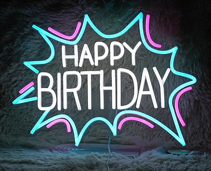 Fun Bright Pink / Blue Happy Birthday Explosion LED Night Light Room Wall Decor