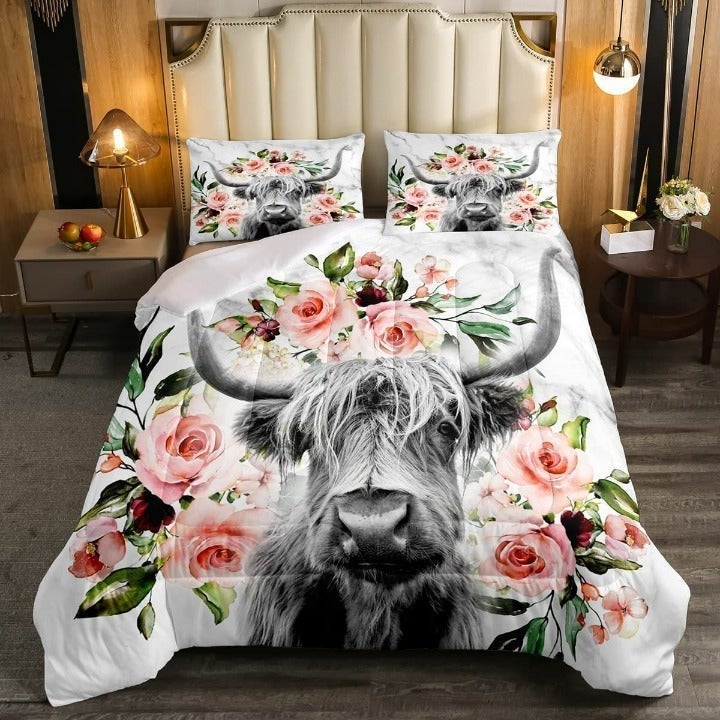 Highland Cow Flower Comforter Set Queen Size Bull Cattle Bedding Set