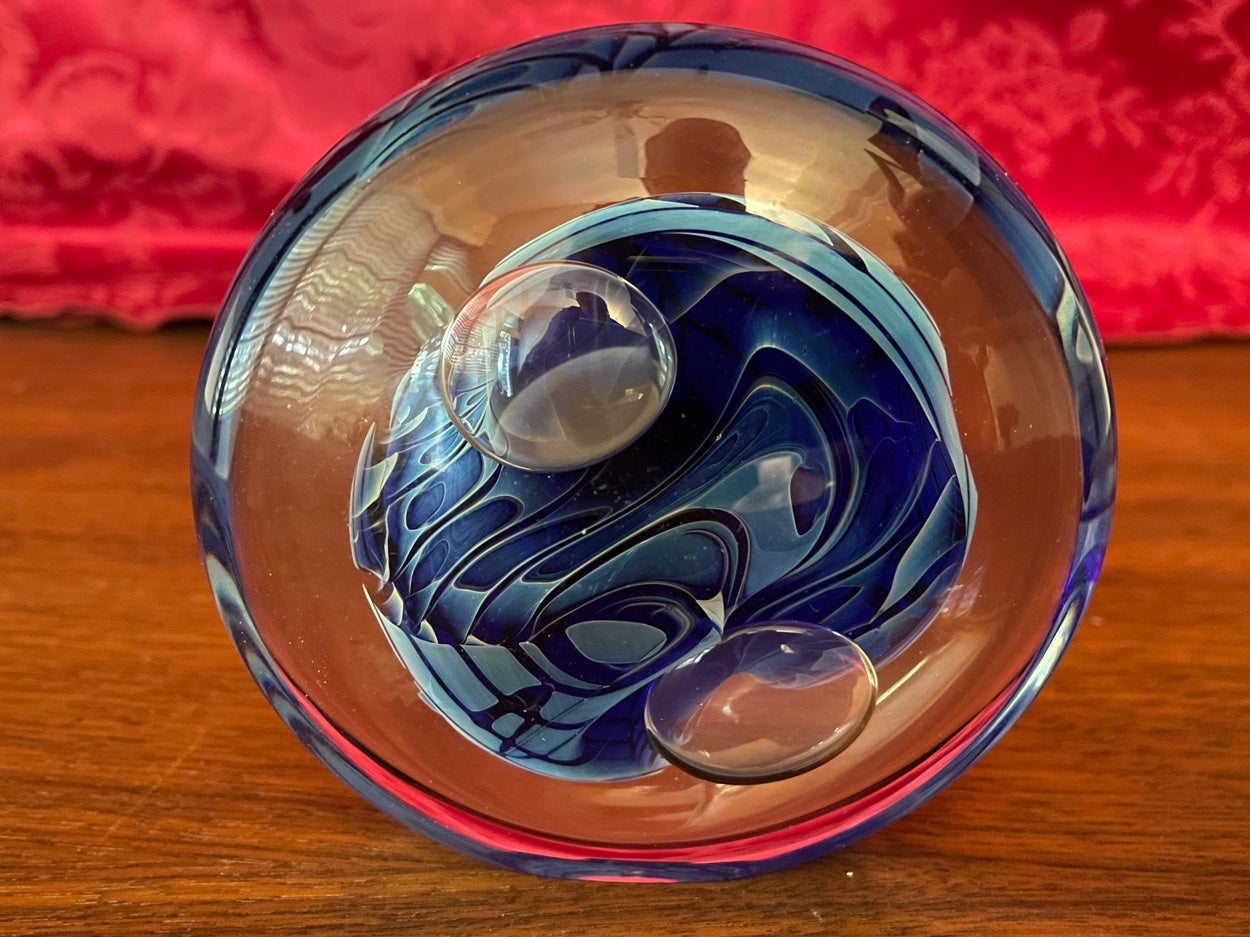 Blue Swirl Bubble Art Glass Paperweight Eickholt buy Signed 1990