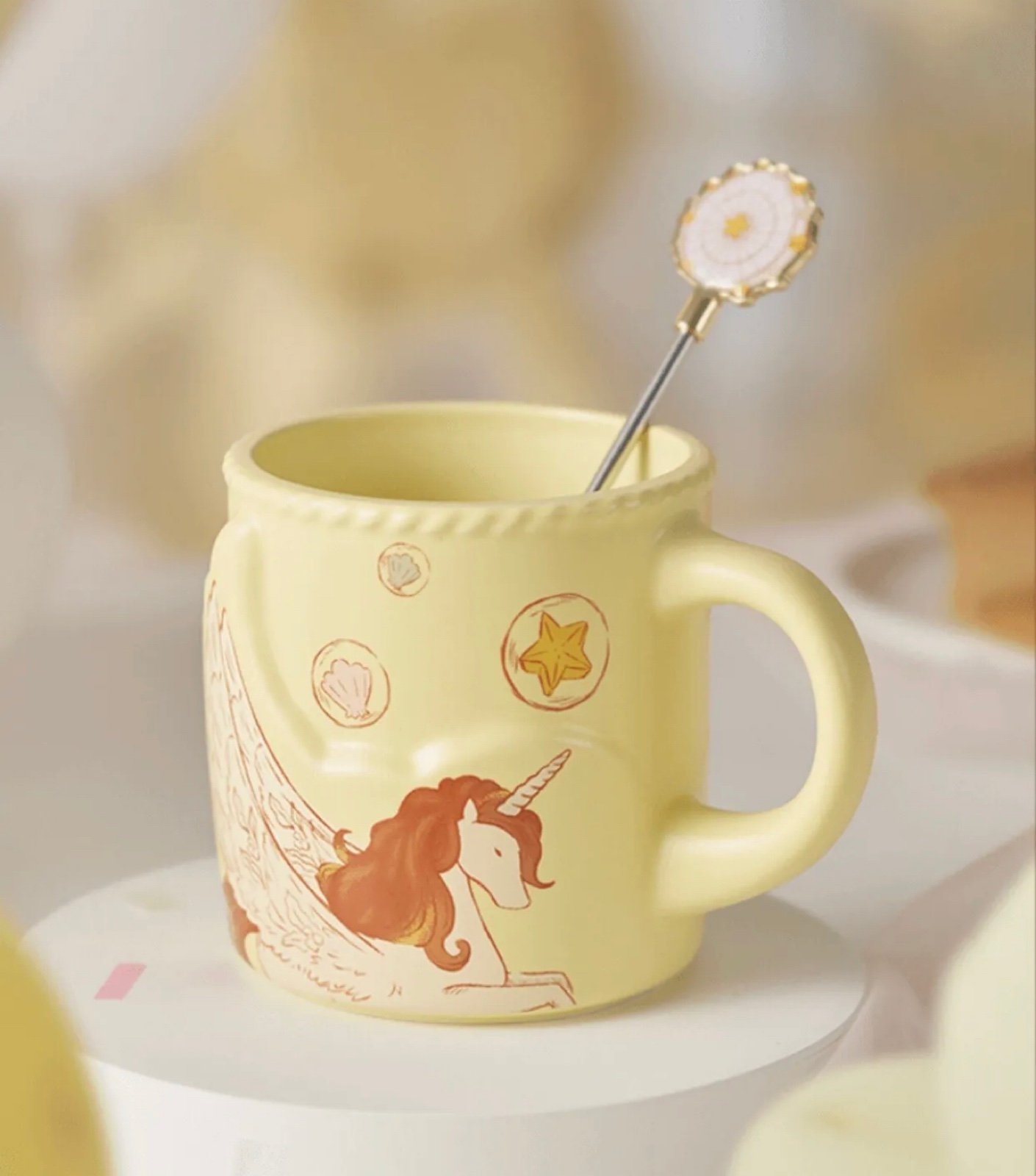 Starbucks Yellow Carousel 3D Unicorn Mug w/Metal Farris Wheel Muddler, 12oz
