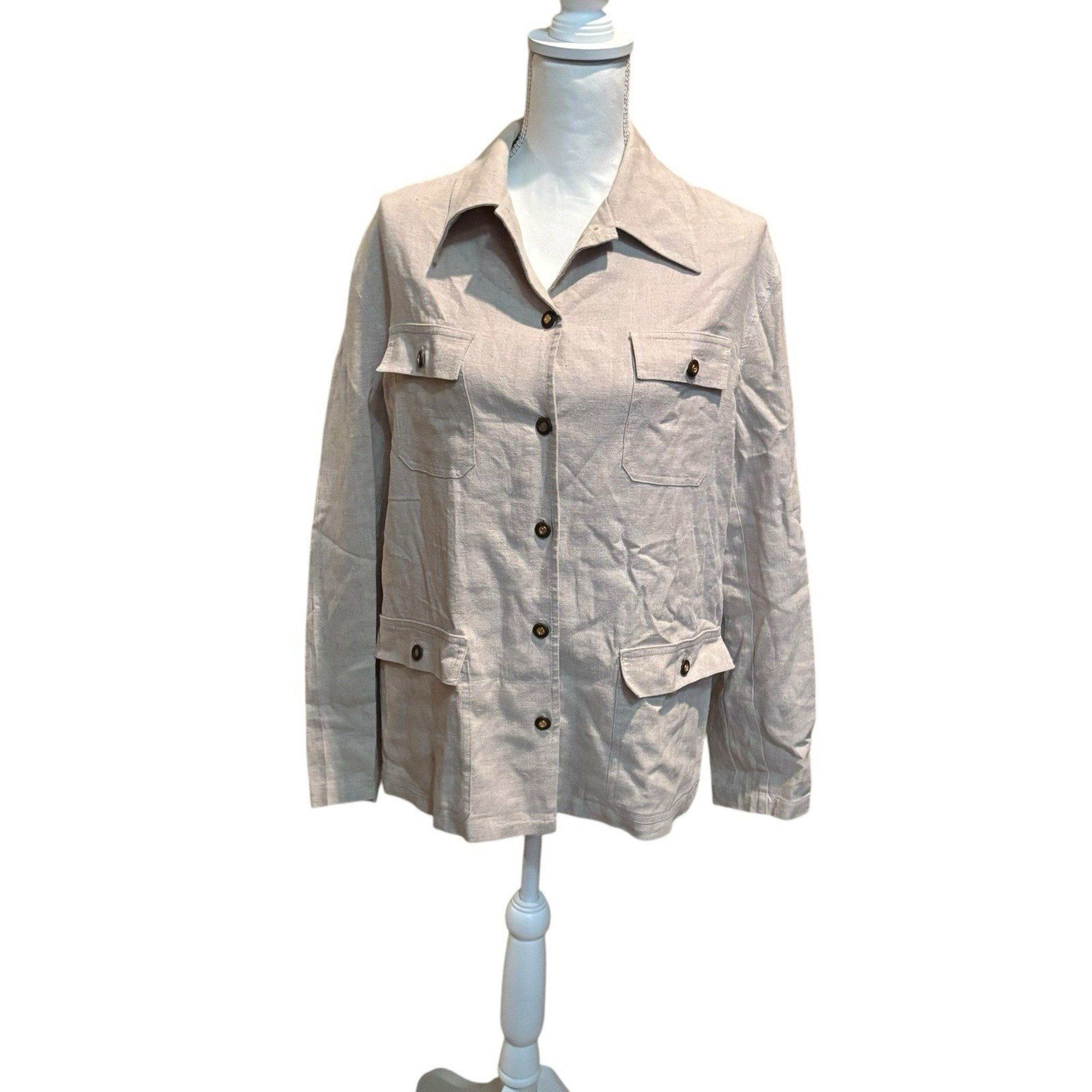 St. John Sport Women's Large Linen Natural Beige Button Down Pocket Front Shirt