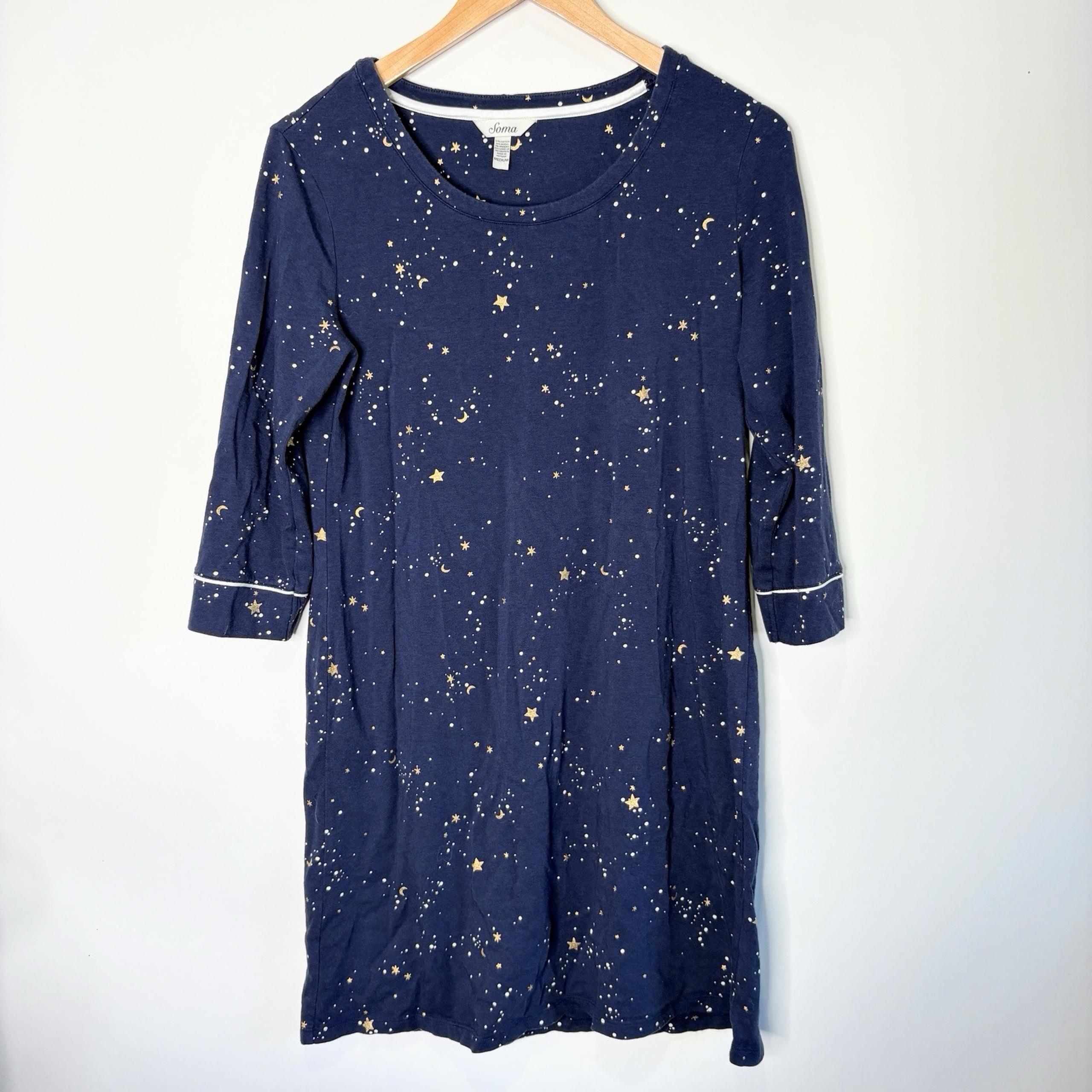 Soma Pajama Nightgown Dress Crew Neck Navy Blue Stars Moons Women's M