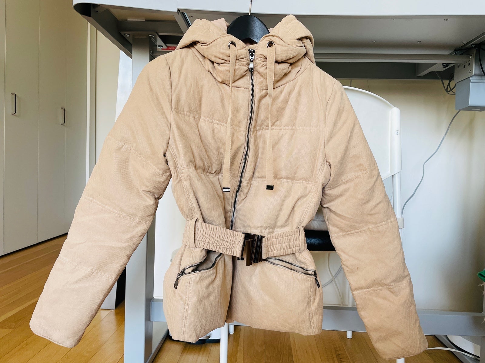 (real duck down & feather) Women beige down winter coat with belt
