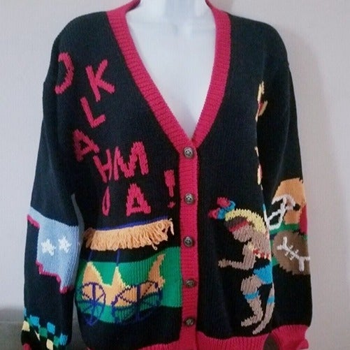 Vintage 1989 Berek Cardigan Sweater, OKLAHOMA Sz L, 1st Release of this Pattern