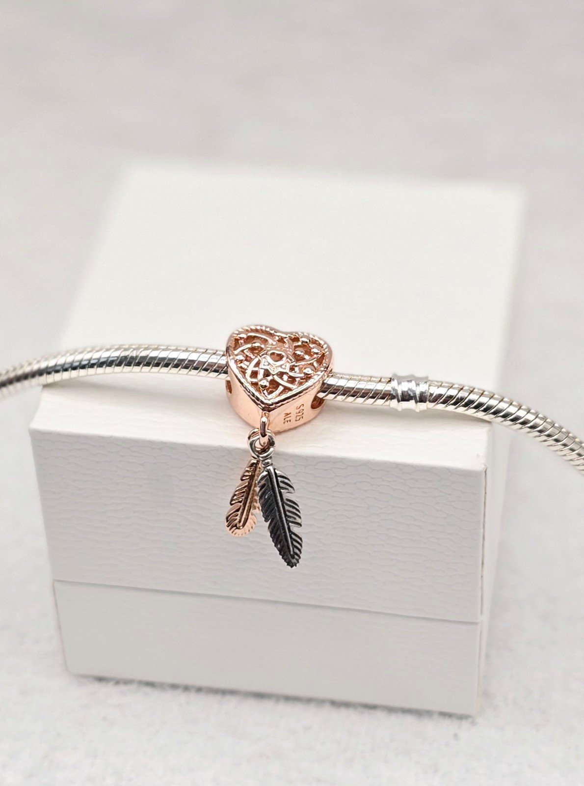Sterling Silver // Rose Gold // Openwork // Heart // Feather // Dangle Charm