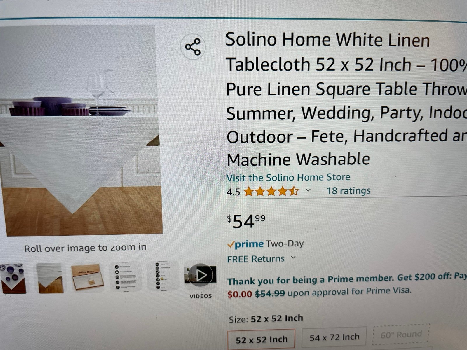 Tablecloth-linen white 52 x 52