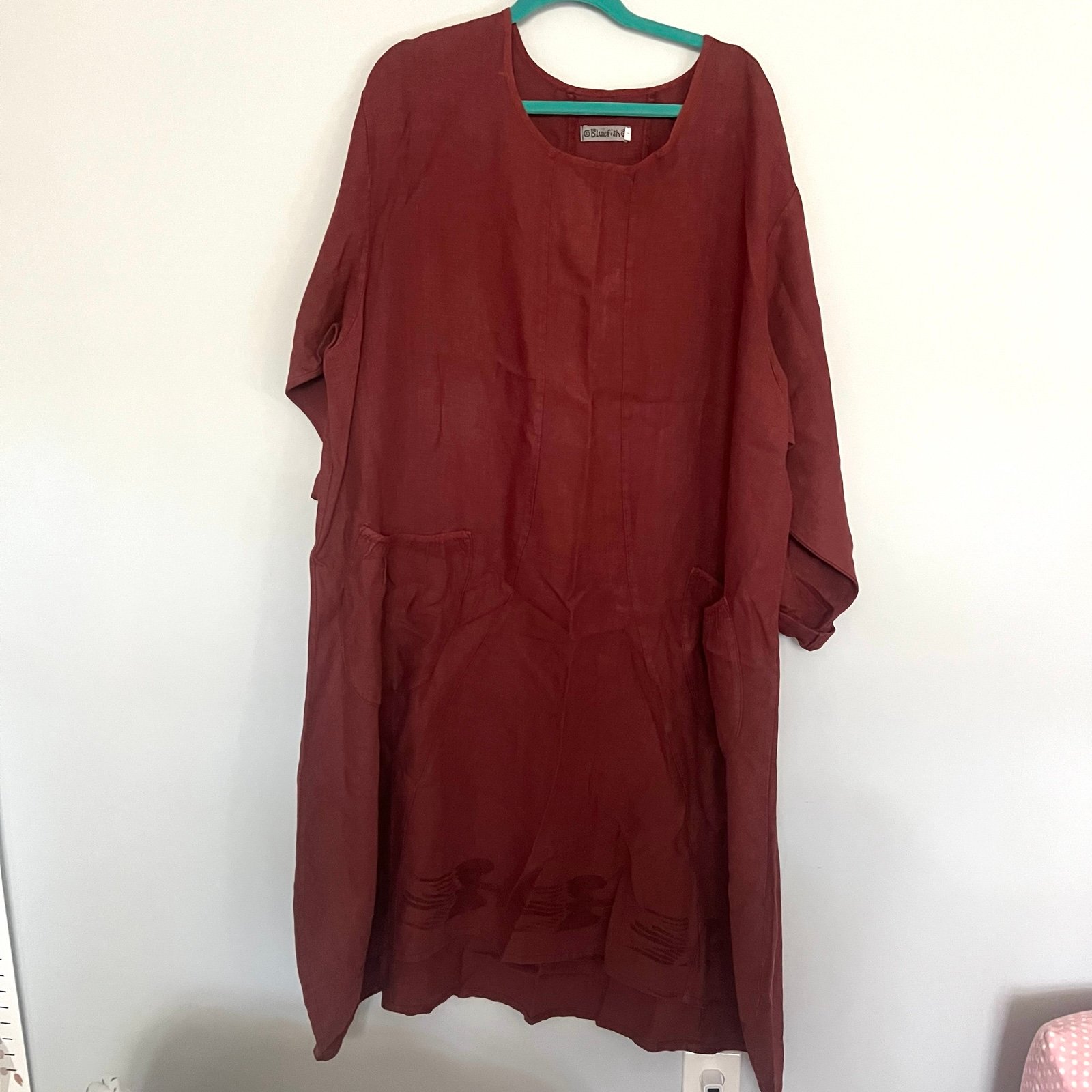 Blue Fish Hand Painted Maroon Bird Print Linen Plus Size Dress Oversized Red