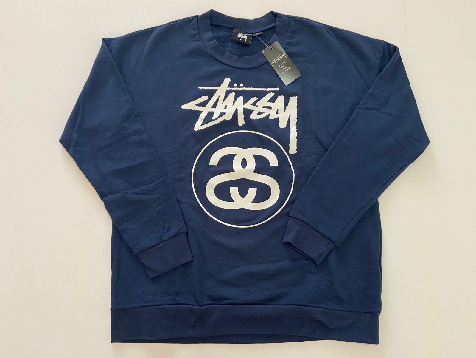 New Women’s Stussy Navy Blue Logo Long Sleeve Sweater Size XS