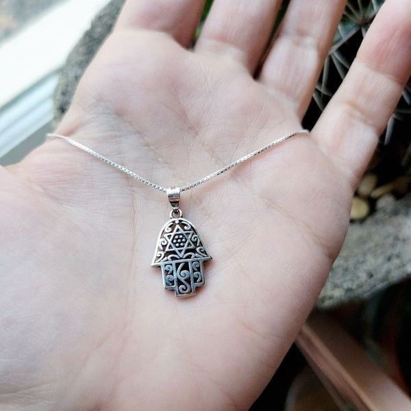 New Handmade 925 Sterling Silver Ornate Hamsa Star of David Necklace