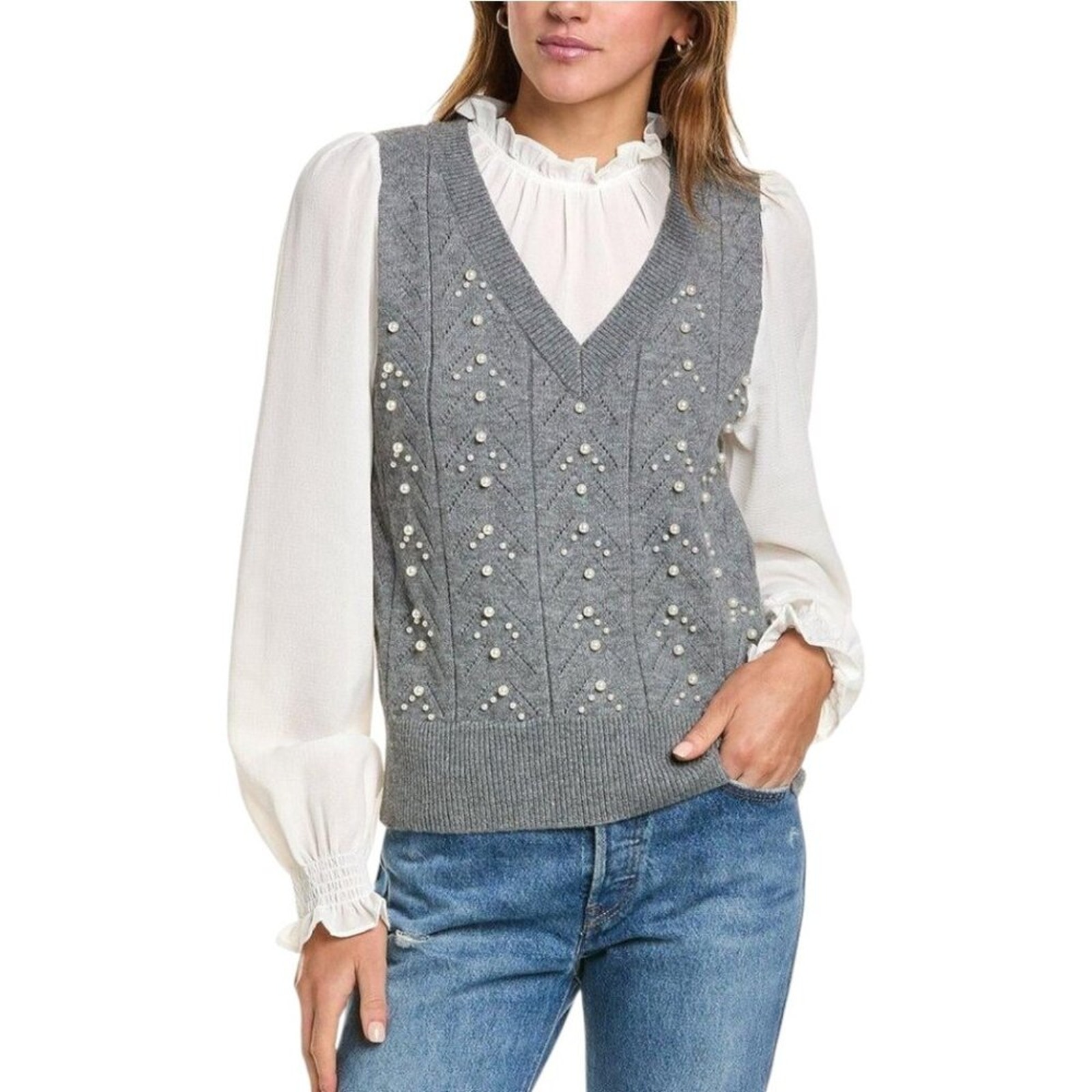 Nanette Lepore PEARL EMBELLISHED RUFFLE COQUETTE STYLE SWEATER TOP SMALL NWT