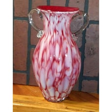 Hand Blown Art Glass Vase w/Handles ?Lavorazione Arte Murano White red splatter