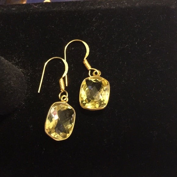Earrings Quartz Yellow Checkerboard Cut 9.10ct Gold Clad Sterling Silver Dangle
