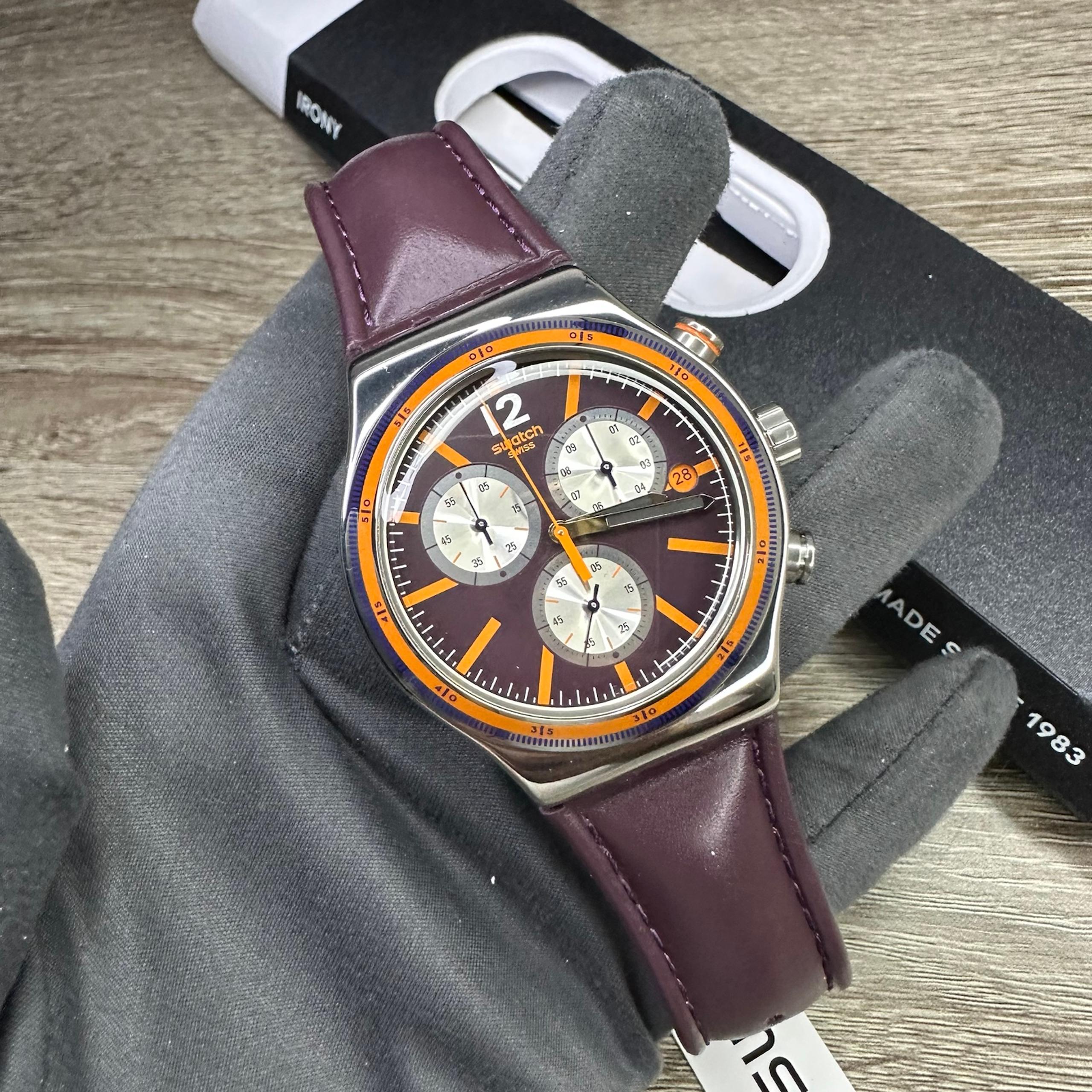 NEW✅ Swatch Irony PRISIONER Chronograph Dark Purple Leather Men's Watch YVS413